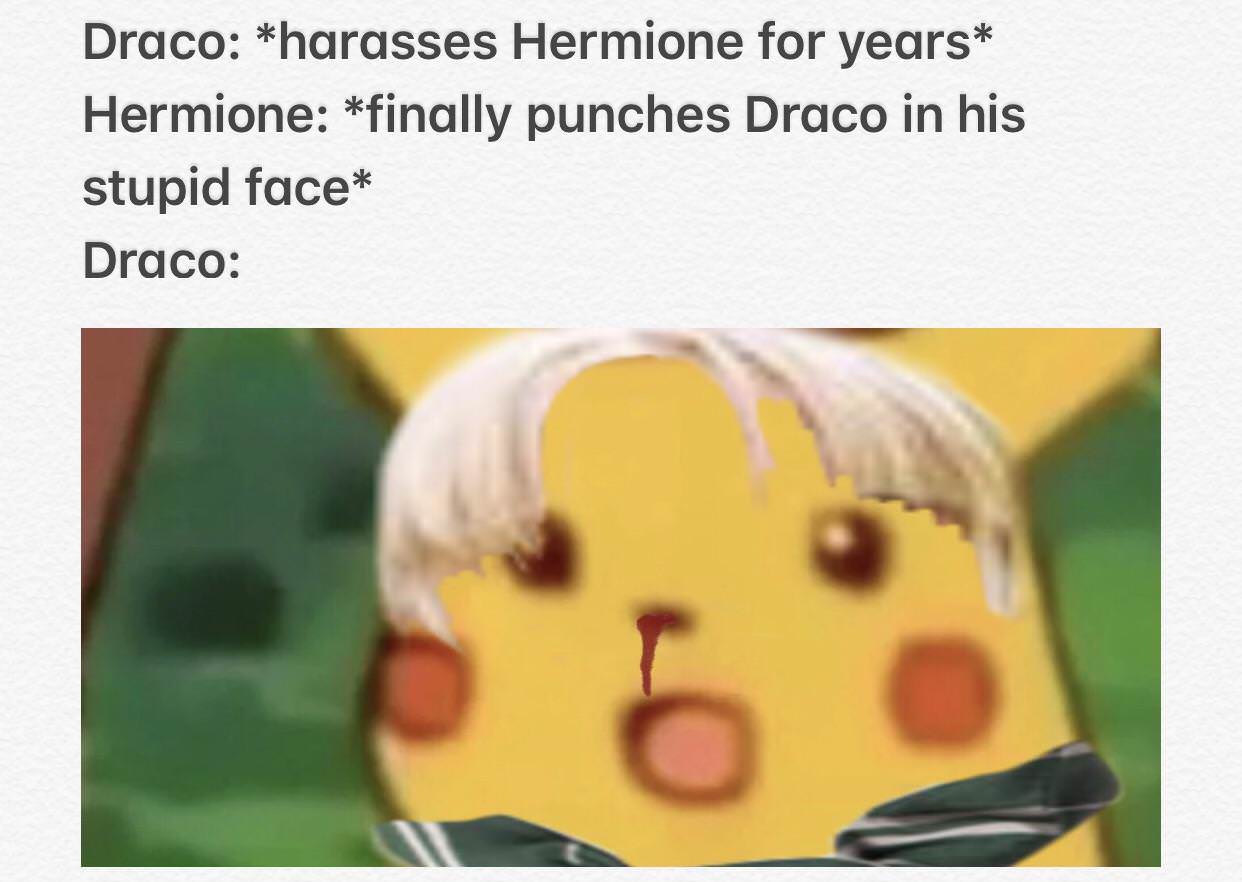 police dispatcher memes - Draco harasses Hermione for years Hermione finally punches Draco in his stupid face Draco
