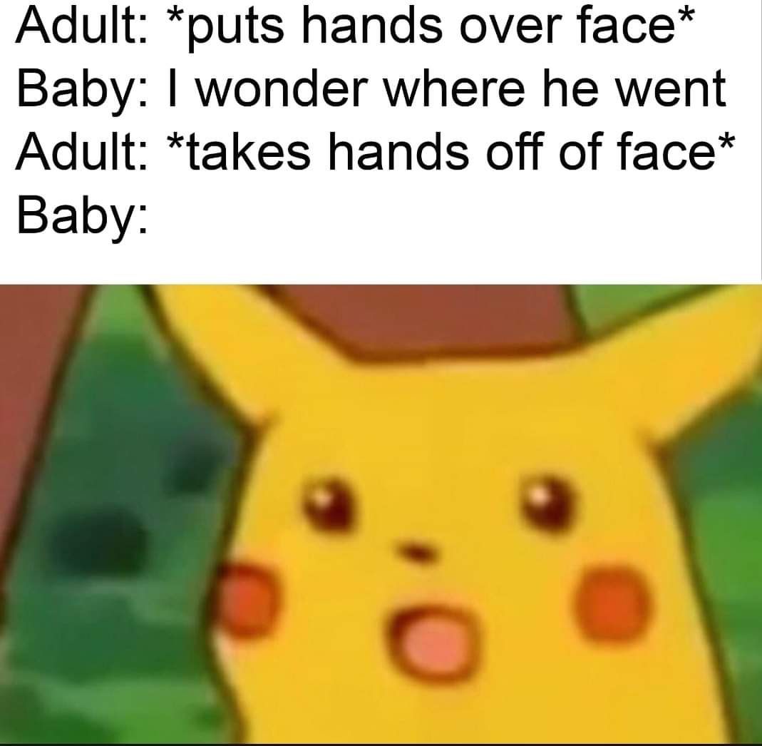surprised pikachu memes - Adult puts hands over face Baby I wonder where he went Adult takes hands off of face Baby