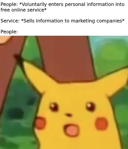 pika meme - People Voluntarily enters personal information into free online service Service Sells information to marketing companies People