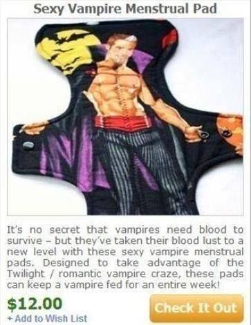 sexy vampire menstrual pad - Sexy Vampire Menstrual Pad It's no secret that vampires need blood to survive but they've taken their blood lust to a new level with these sexy vampire menstrual pads. Designed to take advantage of the Twilight romantic vampir