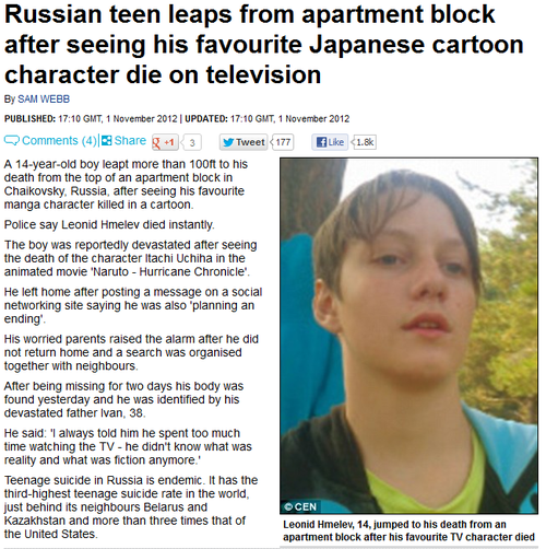 14 year old cringe - Russian teen leaps from apartment block after seeing his favourite Japanese cartoon character die on television By Sam Webb Published Gmt, | Updated Gmt, Q 4 g 1 3 y Tweet