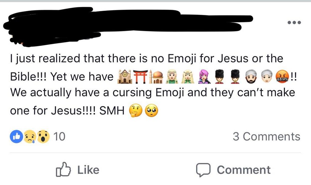 icon - &$!#% I just realized that there is no Emoji for Jesus or the Bible!!! Yet we have Ait We actually have a cursing Emoji and they can't make one for Jesus!!!! Smh 960 Id 10 3 o Comment