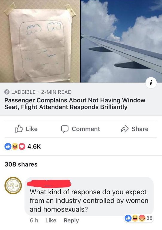 screenshot - Ladbible 2Min Read Passenger Complains About Not Having Window Seat, Flight Attendant Responds Brilliantly DComment 308 What kind of response do you expect from an industry controlled by women and homosexuals? 6 h 288