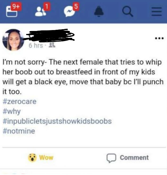web page - 6 hrs. I'm not sorry The next female that tries to whip her boob out to breastfeed in front of my kids will get a black eye, move that baby bc I'll punch it too. Wow Comment