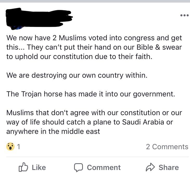 document - We now have 2 Muslims voted into congress and get this... They can't put their hand on our Bible & swear to uphold our constitution due to their faith. We are destroying our own country within. The Trojan horse has made it into our government. 