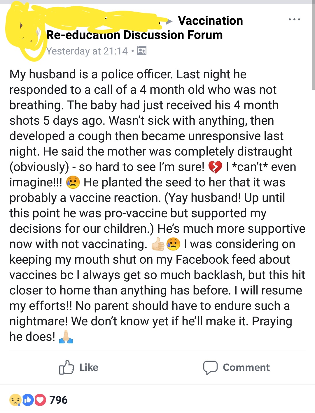 document - Vaccination Reeducauon Discussion Forum Yesterday at My husband is a police officer. Last night he responded to a call of a 4 month old who was not breathing. The baby had just received his 4 month shots 5 days ago. Wasn't sick with anything, t