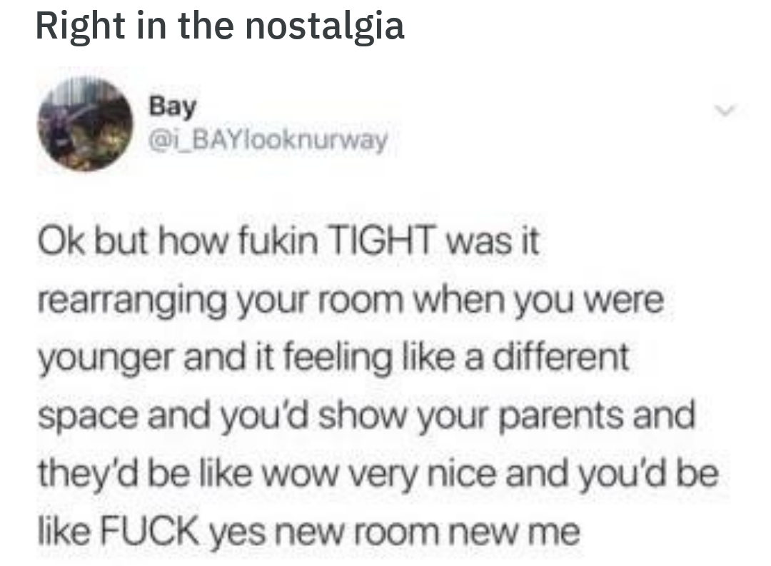 dank meme - document - Right in the nostalgia Bay Ok but how fukin Tight was it rearranging your room when you were younger and it feeling a different space and you'd show your parents and they'd be wow very nice and you'd be Fuck yes new room new me