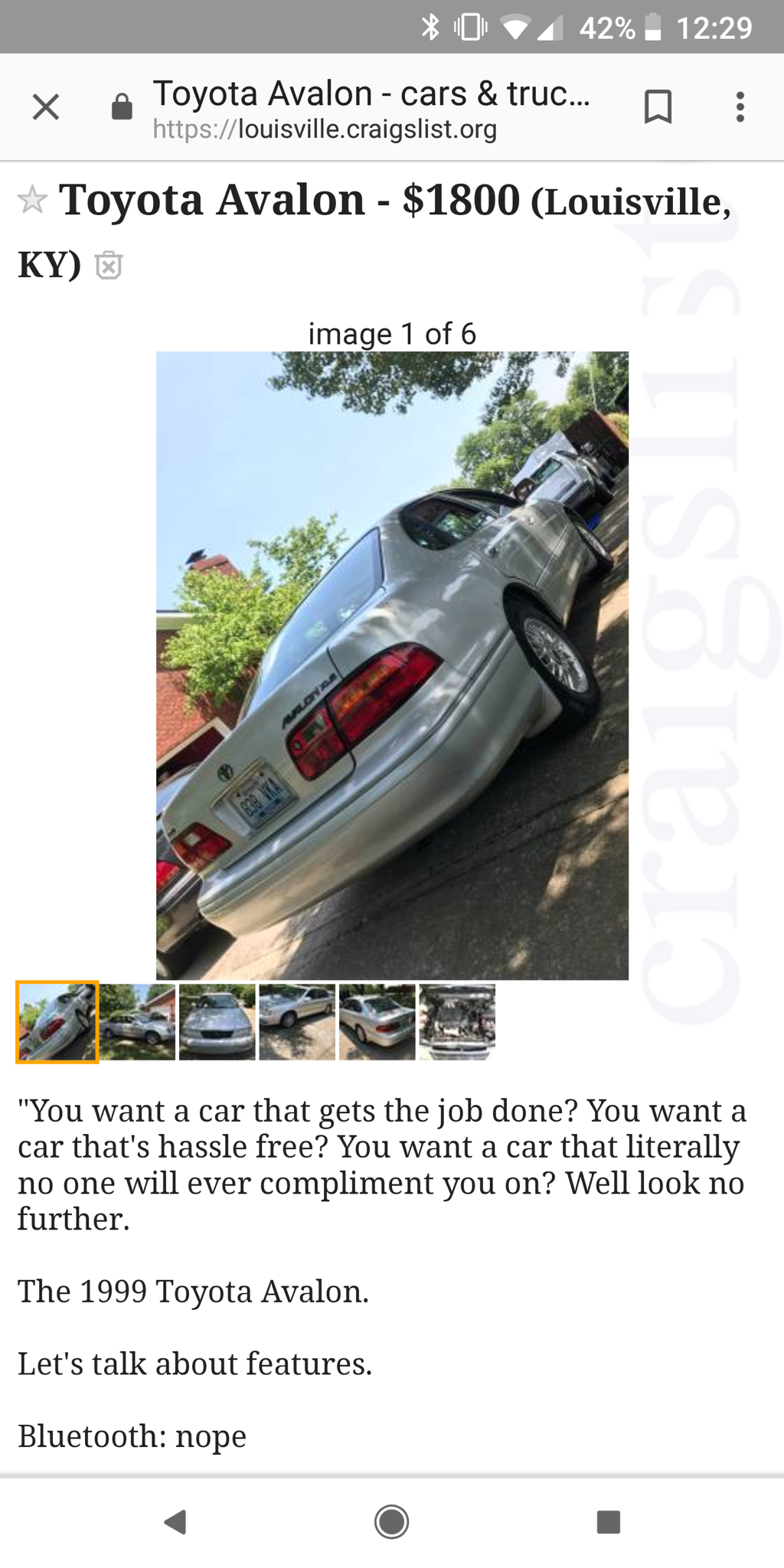 funny craigslist car ads - %0 42%. T oyota Avaloncars & truc... http louisville craigslist.org x Toyota Avalon $1800 Louisville, Ky Image 1 of 6 "You want a car that gets the job done? You want a car that's hassle free? You want a car that literally no on