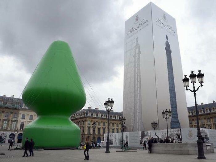 For those of you who don't remember, <a href="https://www.theguardian.com/artanddesign/2014/oct/20/paul-mccarthy-butt-plug-sculpture-paris-rightwing-backlash">this is actually an art installation by Los Angeles artist Paul McCarthy</a> (NOT McCartney) in Paris. It was vandalized by ring-wing groups who claimed that it was just a huge, green butt plug. In their defense, they're right. 
