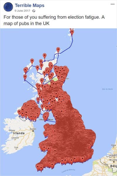 pubs in uk google maps - Terrible Maps For those of you suffering from election fatigue. A map of pubs in the Uk Irlanda Lime Hale Brute cen, Belg