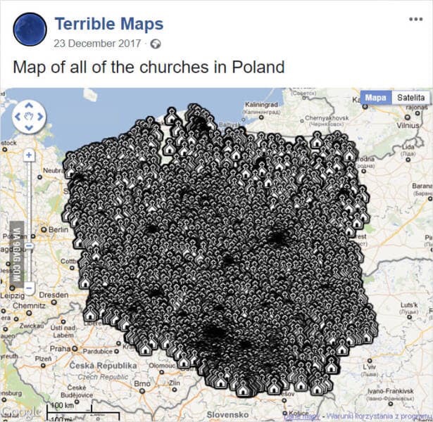 churches in poland - Terrible Maps Map of all of the churches in Poland K Mapa Kaliningrad Satelita rajonas 0 0 o O P Chernyakhovsk Ort Vilnius ida Spus Baran S Via 9GAG.Com Leipzig Dresden Chemnitz o Zwickau Usti nad Sy Labem yreuth Praha Pardubice Plzen