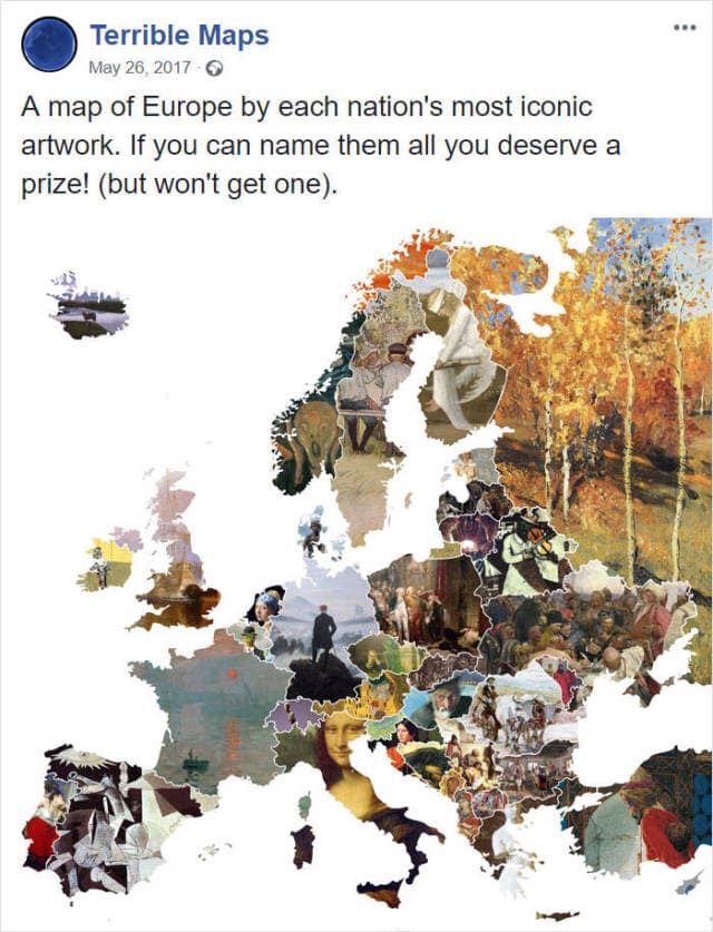 famous paintings in europe map - Terrible Maps A map of Europe by each nation's most iconic artwork. If you can name them all you deserve a prize! but won't get one.