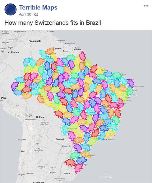 many maps - Terrible Maps April 30 How many Switzerlands fits in Brazil Cate Barquisimeto Medelin Venezuela Bogota Co Suriname Colombia A die Peru Bolivia Cochabamba Santa Cruz de la Sierra Paraqual o de Janeiro Chile 594 w aomlegre Cordova Urugu Sand Bue