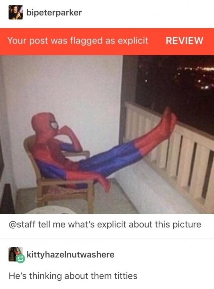 your post was flagged as explicit - bipeterparker Your post was flagged as explicit Review tell me what's explicit about this picture kittyhazelnutwashere He's thinking about them titties