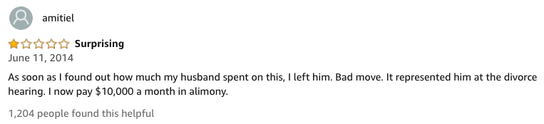 amazon reviews-  document - amitiel As soon as I found out how much my husband spent on this, I left him. Bad move. It represented him at the divorce hearing. I now pay $10,000 a month in alimony. 1,204 people found this helpful