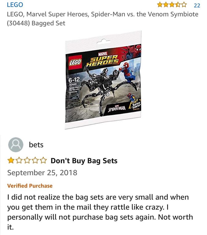 amazon reviews - lego ultimate spiderman sets - Lego 22 Lego, Marvel Super Heroes, SpiderMan vs. the Venom Symbiote 30448 Bagged Set Lego Marvel Super Herdes 612 30448 Spider Many Spiderman bets Don't Buy Bag Sets Verified Purchase I did not realize the b