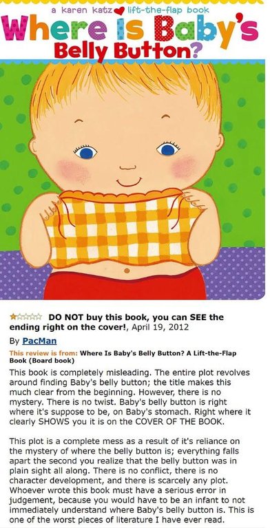 amazon reviews - baby's belly button review - a karen katzlifttheflap book Where is Baby's Belly Button? A Do Not buy this book, you can See the ending right on the cover!, By PacMan This review is from Where Is Baby's Belly Button? A LifttheFlap Book Boa