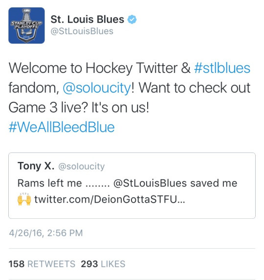 organization - St. Louis Blues Blues Welcome to Hockey Twitter & fandom, ! Want to check out Game 3 live? It's on us! Tony X. Rams left me ....... Blues saved me twitter.comDeion GottaSTFU... 42616, 158 293