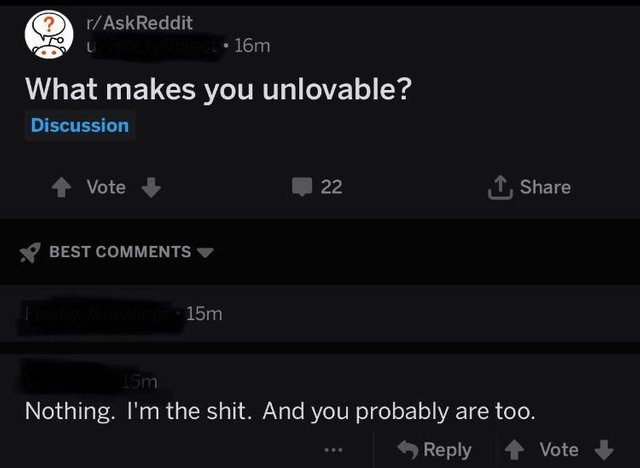 wholesome meme of a screenshot - 0 rAskReddit 16m What makes you unlovable? Discussion Vote 22 I Best FE15m 5m Nothing. I'm the shit. And you probably are too. ... Vote