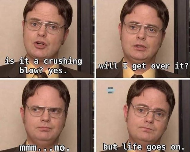 wholesome meme of a will i get over it dwight - is it a crushing blow? yes. I will I get over it? mmm...no. but life goes on.
