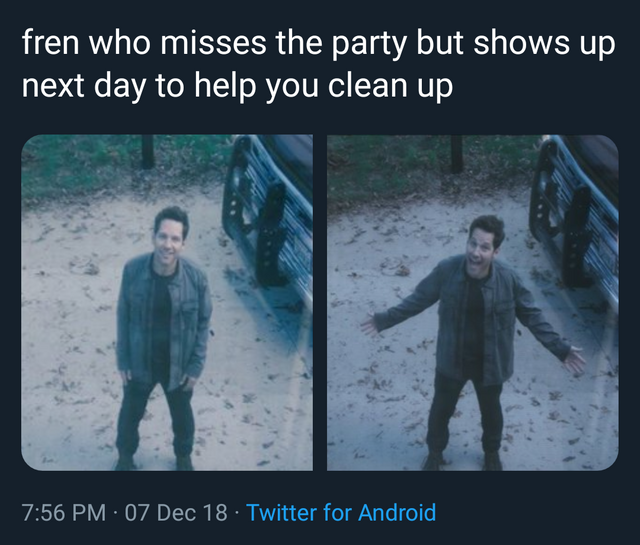 wholesome meme of a fren who misses the party but shows up next day to help you clean up 07 Dec 18 Twitter for Android,
