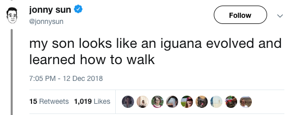 tweet - diagram - jonny sun v my son looks an iguana evolved and learned how to walk 15 1,019 15 1,019 O Ooo O O