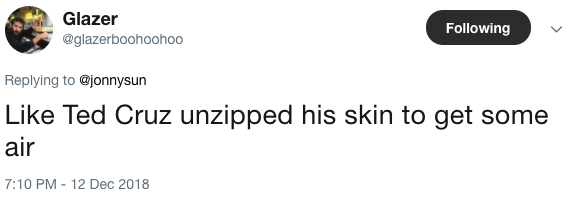 tweet - diagram - Glazer ing Ted Cruz unzipped his skin to get some air