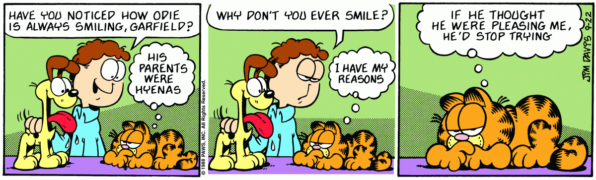 This comic speaks to the exact nature of cats that this theory speaks to. Garfield actually cares, but as a cat, it's his nature to be elusive and appear distant. He enjoys the attention but knows that it's also his appeal to be aloof.  