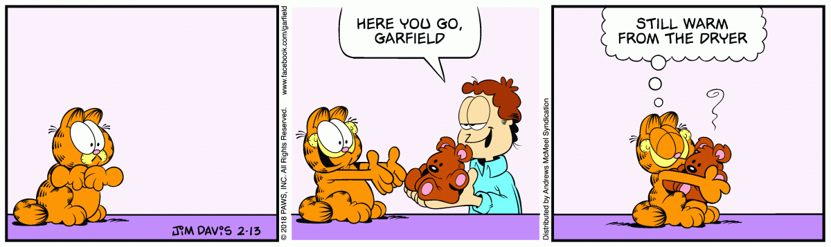 Garfield here is more than happy to accept from Jon, especially since it doesn't require Garfield to be affectionate with Jon. The teddy bear is again used as a symbol or proxy for affection between them. 
