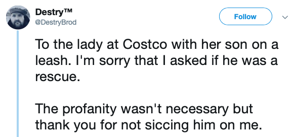 staples inc. - DestryTM To the lady at Costco with her son on a leash. I'm sorry that I asked if he was a rescue. The profanity wasn't necessary but thank you for not siccing him on me.