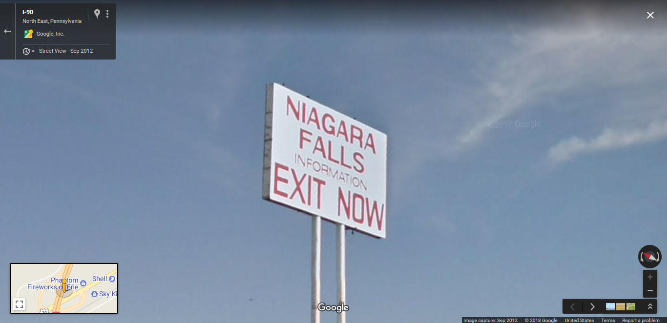 This sign is made to trick tourists into getting off the highway almost 100 miles from Niagra Falls. 