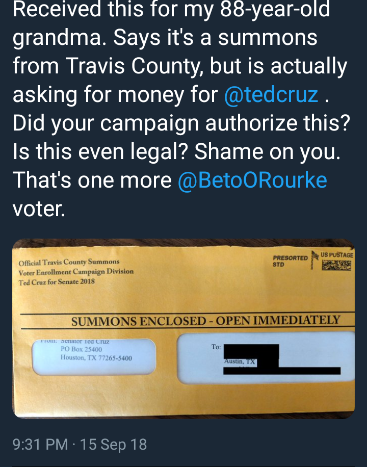 That time Ted Cruz tried to trick elderly people into opening his campaign fundraising letters by making them appear to be a summons from the court. 