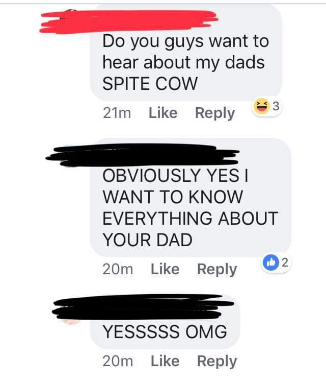 Do you guys want to hear about my dads Spite Cow 21m 3 Obviously Yes I Want To Know Everything About Your Dad 20m 2 Yesssss Omg 20m