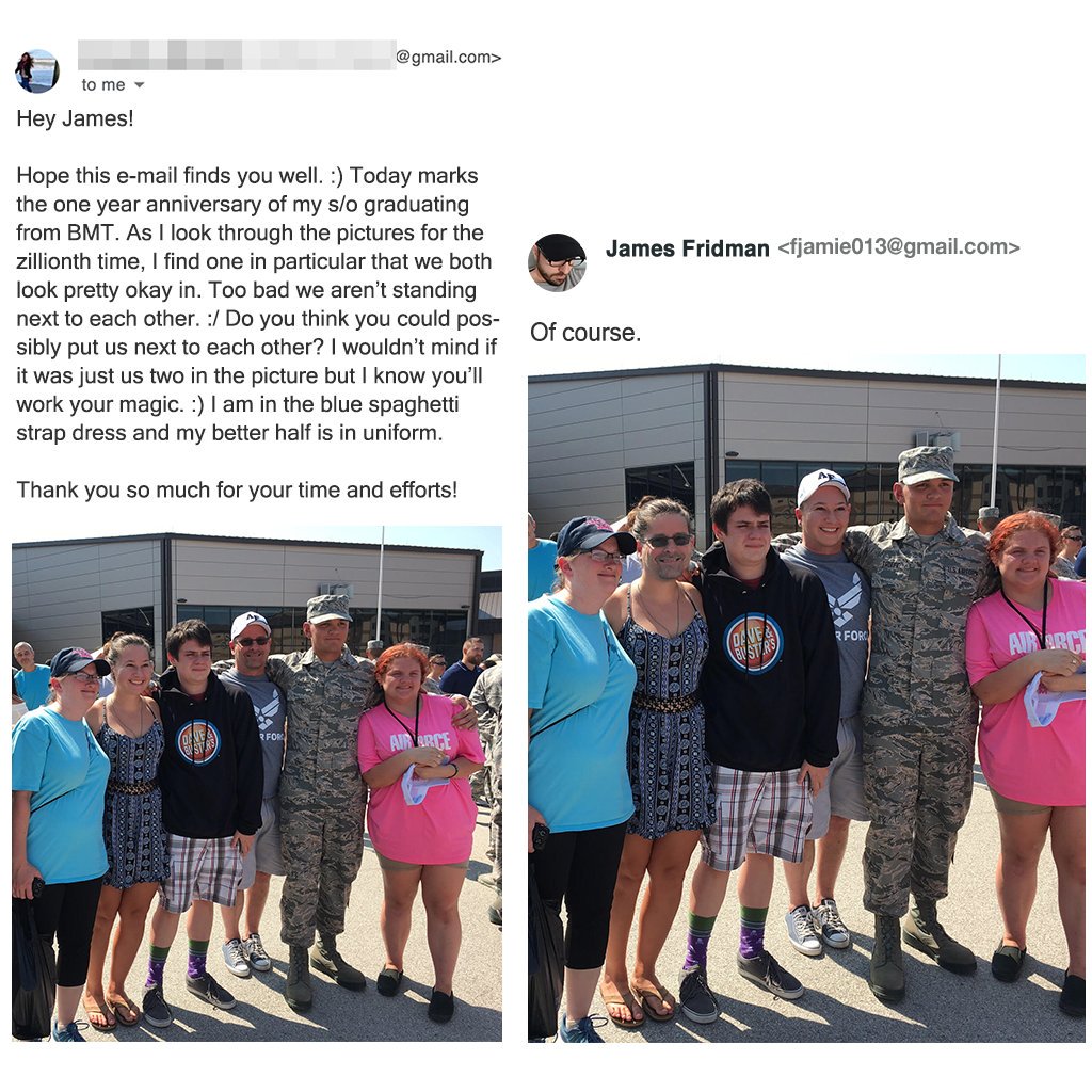 james fridman twitter - .com> to me Hey James! James Fridman  Hope this email finds you well. Today marks the one year anniversary of my so graduating from Bmt. As I look through the pictures for the zillionth time, I find one in particular that we both l