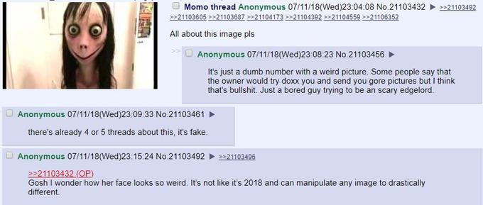 4chan post of the momo meme asking what it is