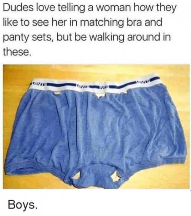 holey underwear - Dudes love telling a woman how they to see her in matching bra and panty sets, but be walking around in these. Boys.