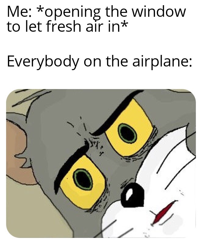 Unsettled Tom meme about opening the window on an airplane