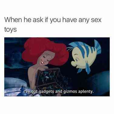 Funniest sex memes Ariel and Flounder from Little Mermaid looking into a box with the subtitle 'I've got gadgets and gizmos aplenty' with the caption 'when he ask if you have any sex toys'