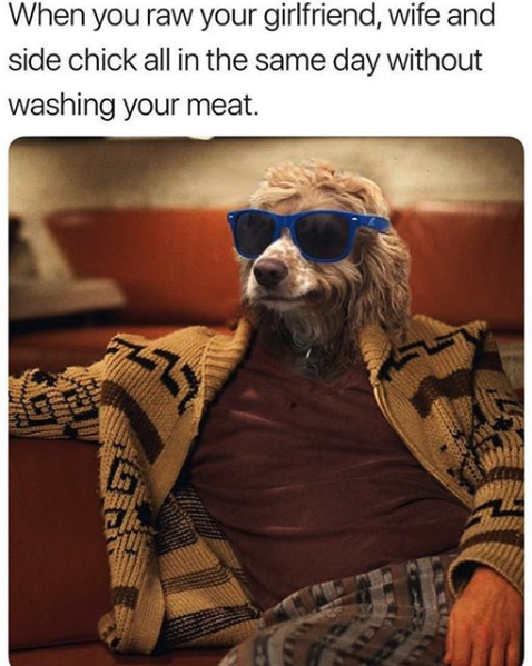 nasty memes - big lebowski the dude - When you raw your girlfriend, wife and side chick all in the same day without washing your meat.