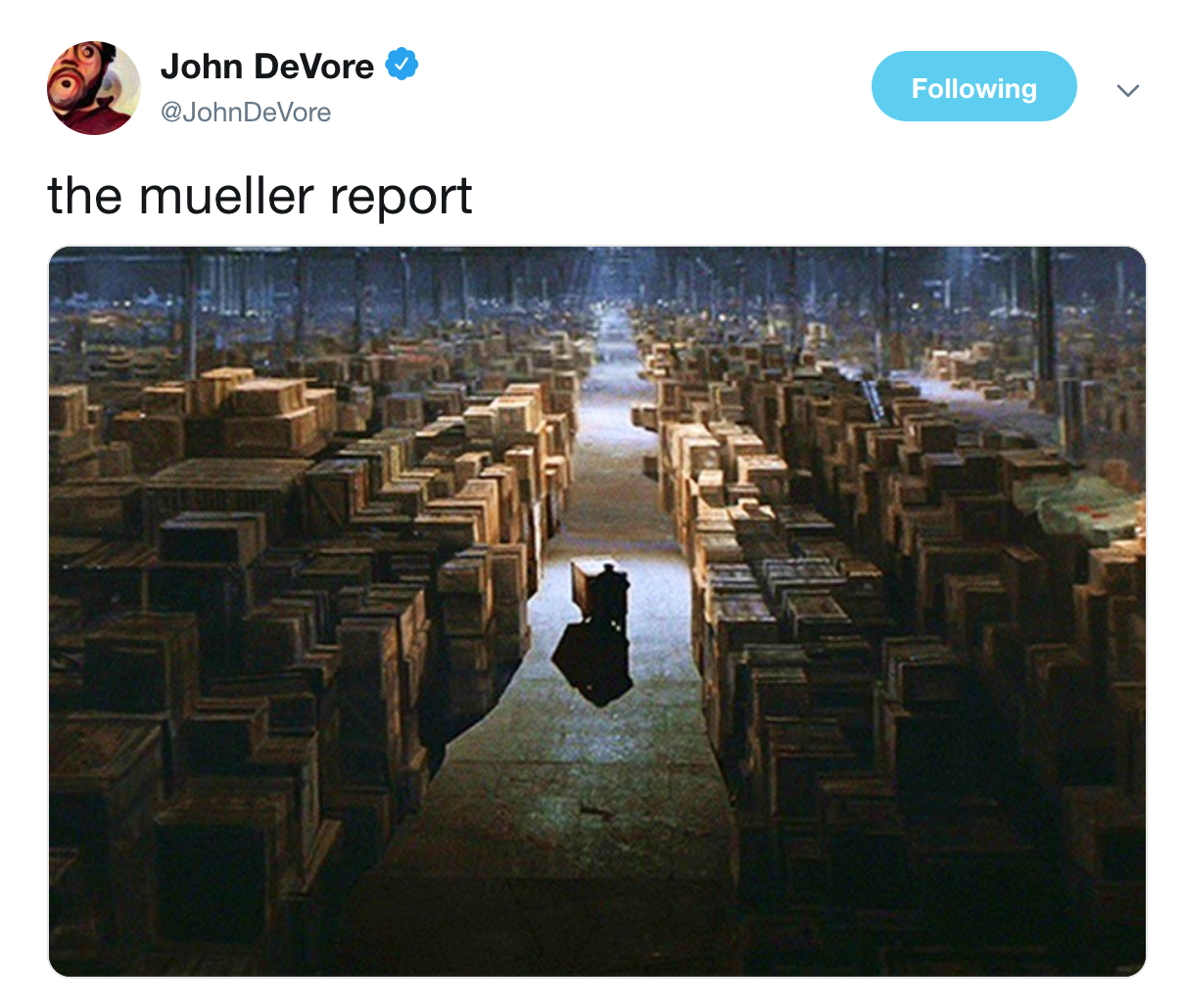 Robert Mueller Special Report Funny Tweets - picture of the warehouse from XFiles 'the mueller report'