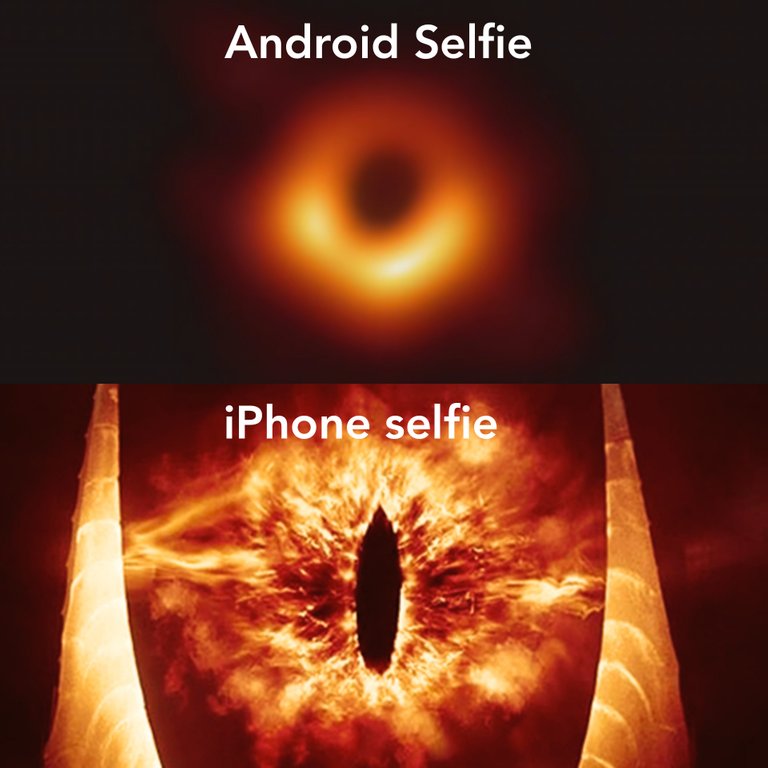 First ever black hole photo meme with Sauron's eye and captions, Android slefie, and iPhone selfie.