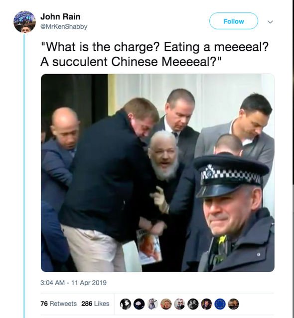 Funny Julian Assange arrest meme that says 'What is the charge? Eating a meal? A succulent chinese meal?;