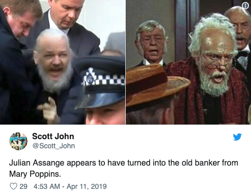 Funny Julian Assange arrest meme that says 'Julian Assange appears to have turned into the old banker from Mary Poppins'