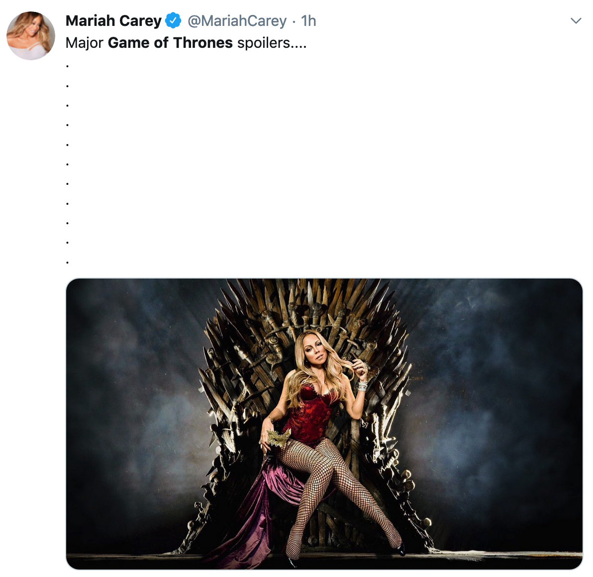 Game of Thrones Season 8 Episode 2 Meme - Mariah Carey tweet of her on the throne