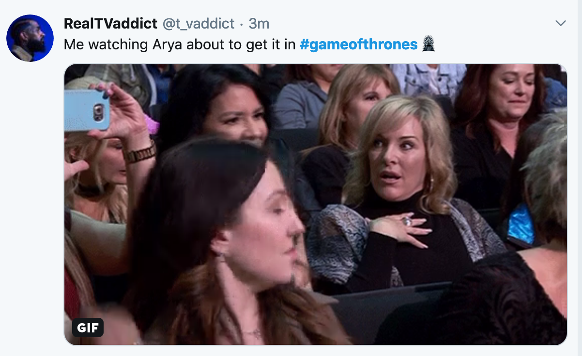 Game of Thrones Season 8 Episode 2 Meme - Women in a crowd reacting to Arya Stark having sex