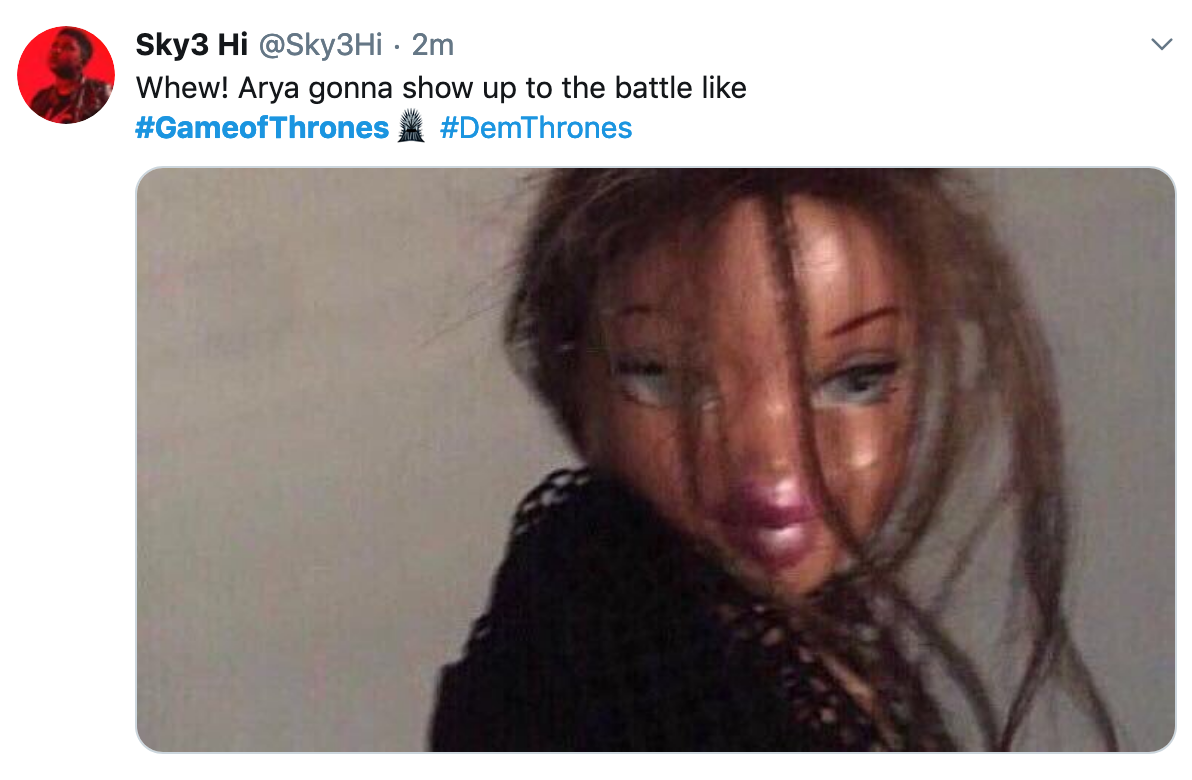 Game of Thrones Season 8 Episode 2 Meme - Tweet about Arya Stark having sex hair showing up to battle