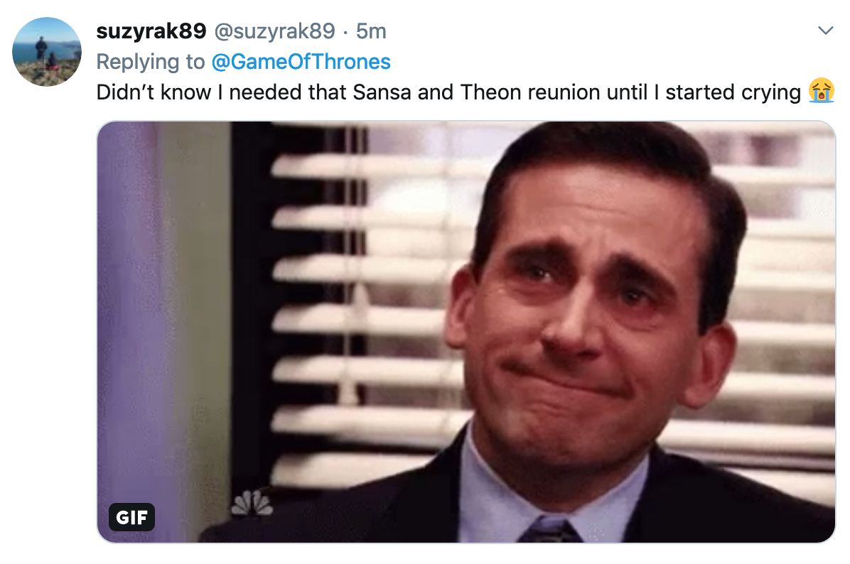 Game of Thrones Season 8 Episode 2 Meme - Michael Scott from the Office crying with the text 'Didn't know I needed that Sansa and Theon reunion until I started crying'
