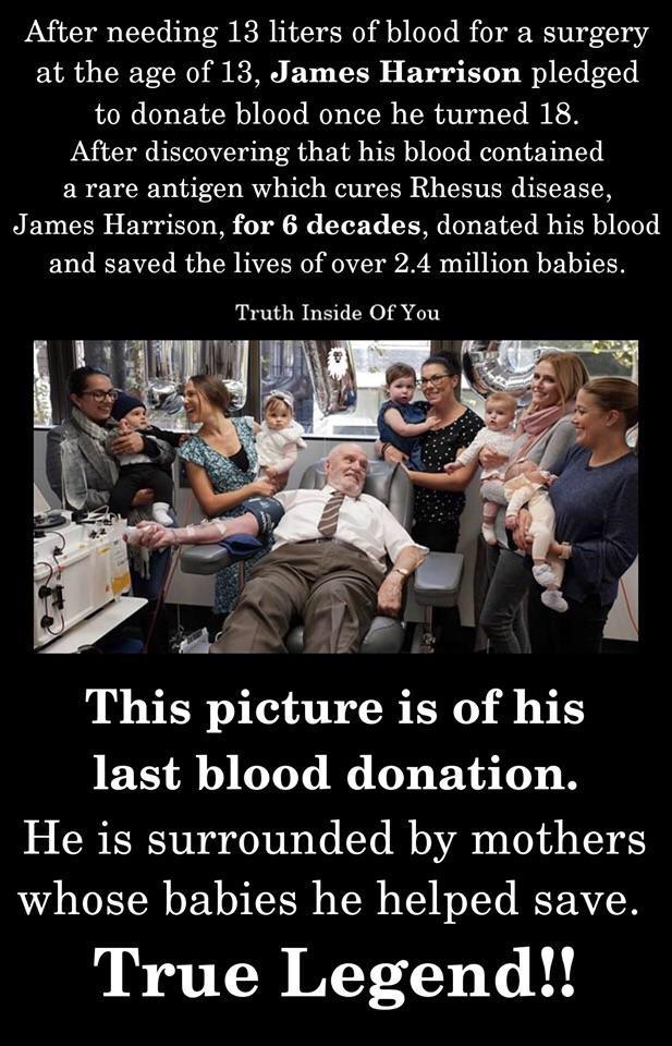 After needing 13 liters of blood for a surgery at the age of 13, James Harrison pledged to donate blood once he turned 18. After discovering that his blood contained a rare antigen which cures Rhesus disease, James Harrison, for 6 decades, donated his…