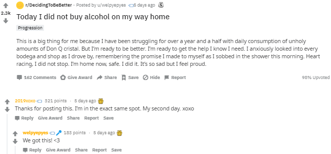 document - rDecidingToBeBetter. Posted by uwelpyepyes 5 days ago 3 Today I did not buy alcohol on my way home Progression This is a big thing for me because I have been struggling for over a year and a half with daily consumption of unholy amounts of Don 