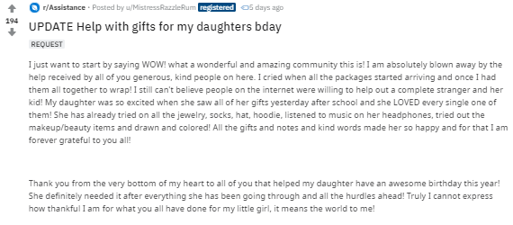 document - rAssistance. Posted by uMistress RazzleRum registered a5 days ago 194 Update Help with gifts for my daughters bday Request I just want to start by saying Wow! what a wonderful and amazing community this is! I am absolutely blown away by the hel